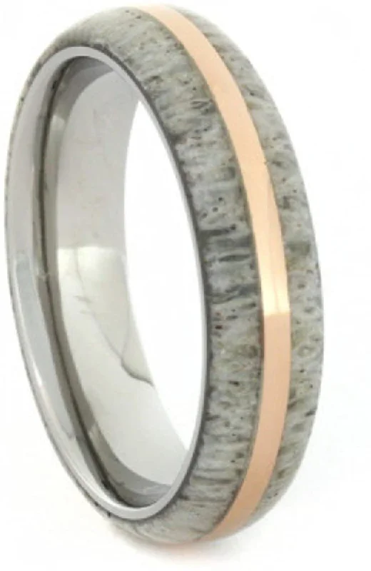 Deer Antler with 14k Rose Gold Pinstripe 5mm Comfort-Fit Titanium Wedding Band, Size 13.75