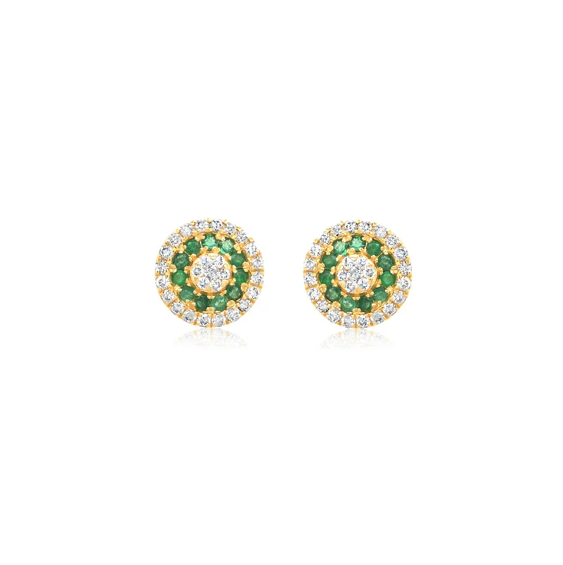 Diamond and Emerald Yellow Gold Button Studs