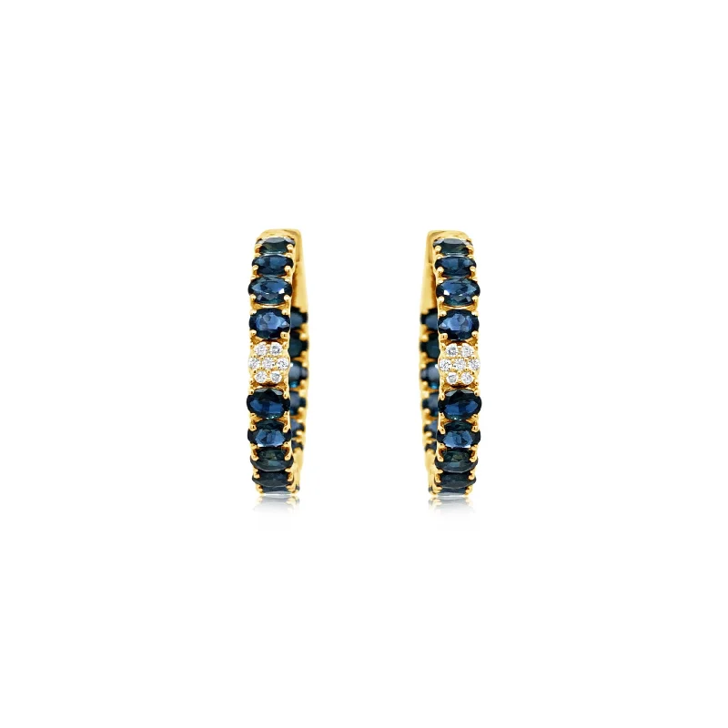 Diamond and Oval Blue Sapphire Hoop Earrings