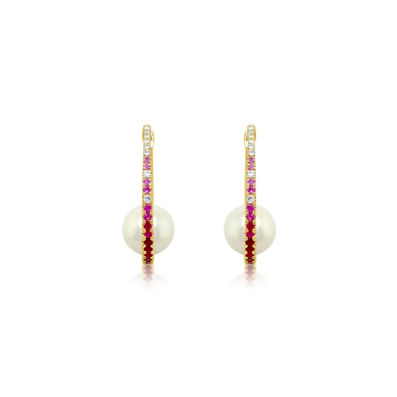 Diamond Ruby and Pink Sapphire Hoop Earrings With Floating Pearl