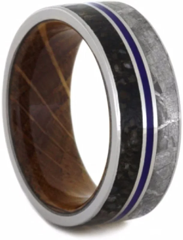 Dinosaur Bone, Gibeon Meteorite, Blue Stripe, Whiskey Barrel Wood 9mm Comfort-Fit Titanium Wedding Band, Size 13.25