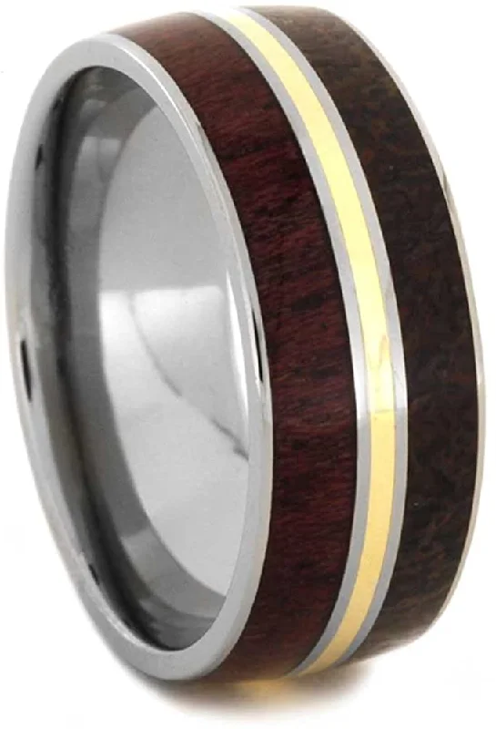 Dinosaur Bone, Purple Heart Wood, 14k Yellow Gold 9mm Comfort-Fit Titanium Wedding Band, Size 14.25