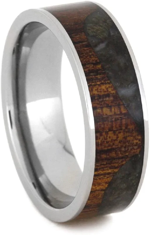 Dinosaur Bone Wave Pattern, Koa Wood 7mm Comfort-Fit Titanium Wedding Band, Size 9.25