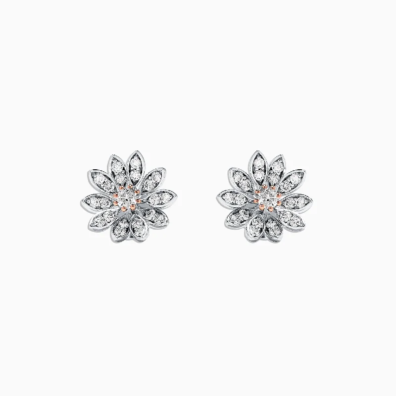 14K Two Tone Gold Diamond Flower Stud Earrings, 0.53 TCW