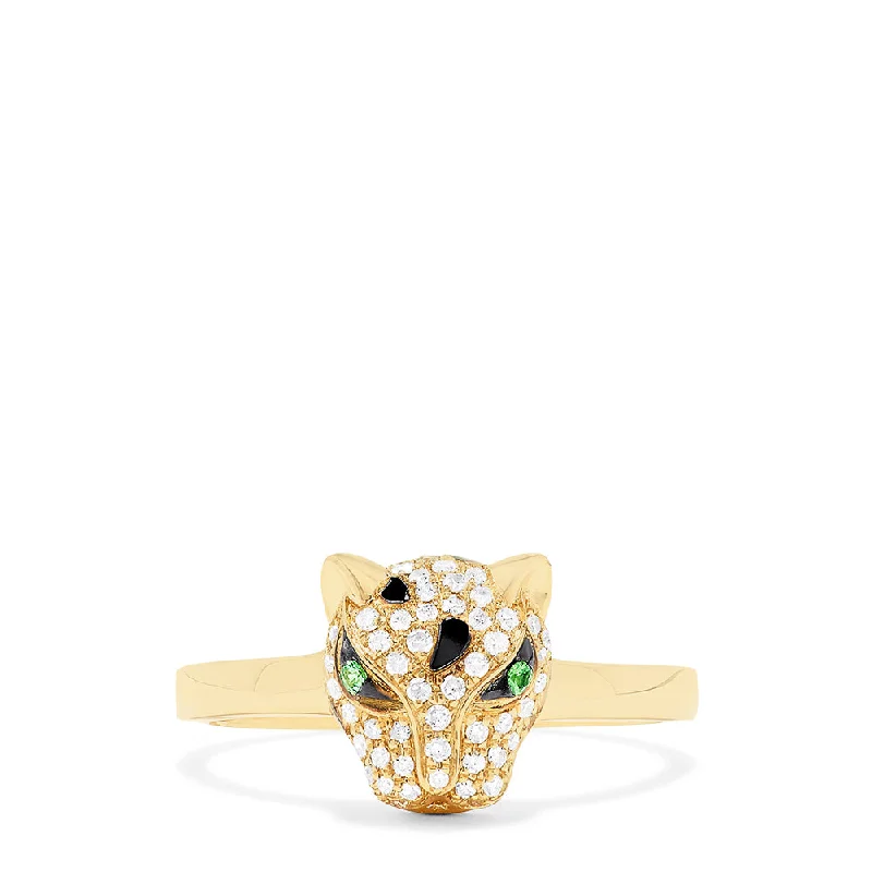 14K Yellow Gold Diamond and Tsavorite Panther Ring, 0.25 TCW