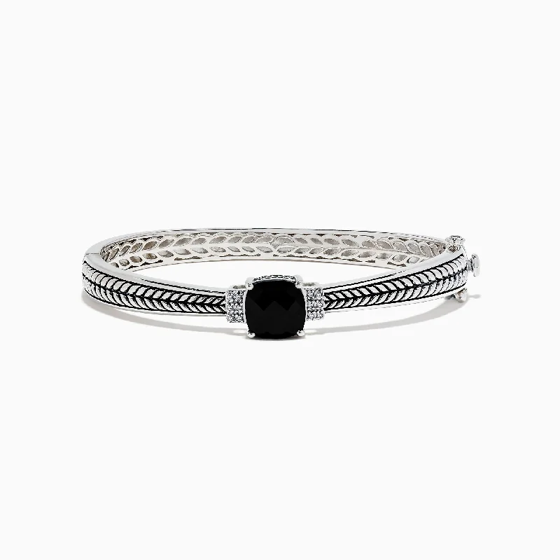 925 Sterling Silver Onyx and Diamond Bangle, 4.26 TCW