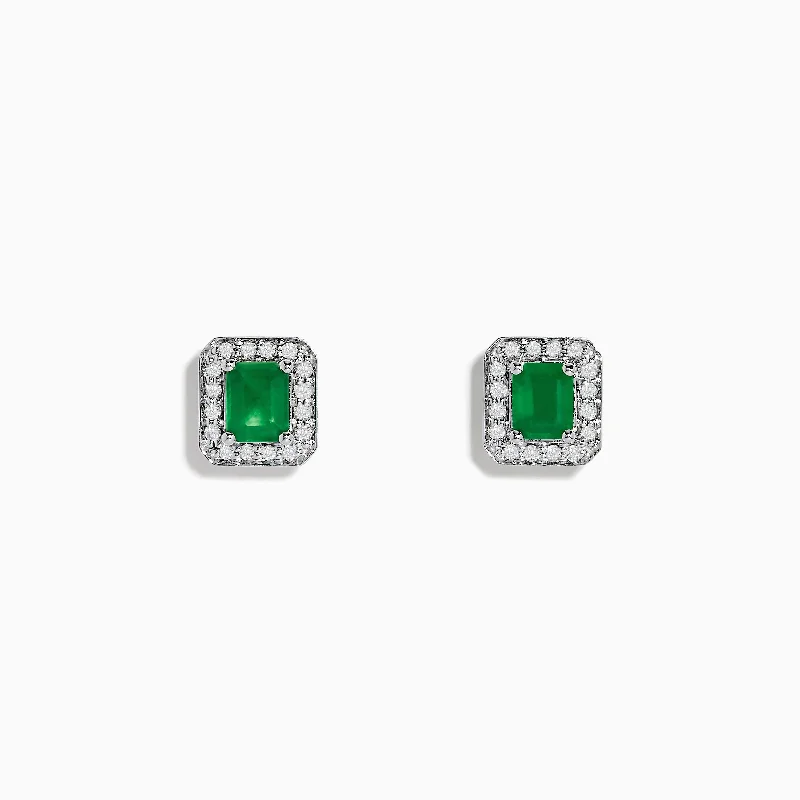 14K White Gold Emerald and Diamond Stud Earrings, 1.11 TCW