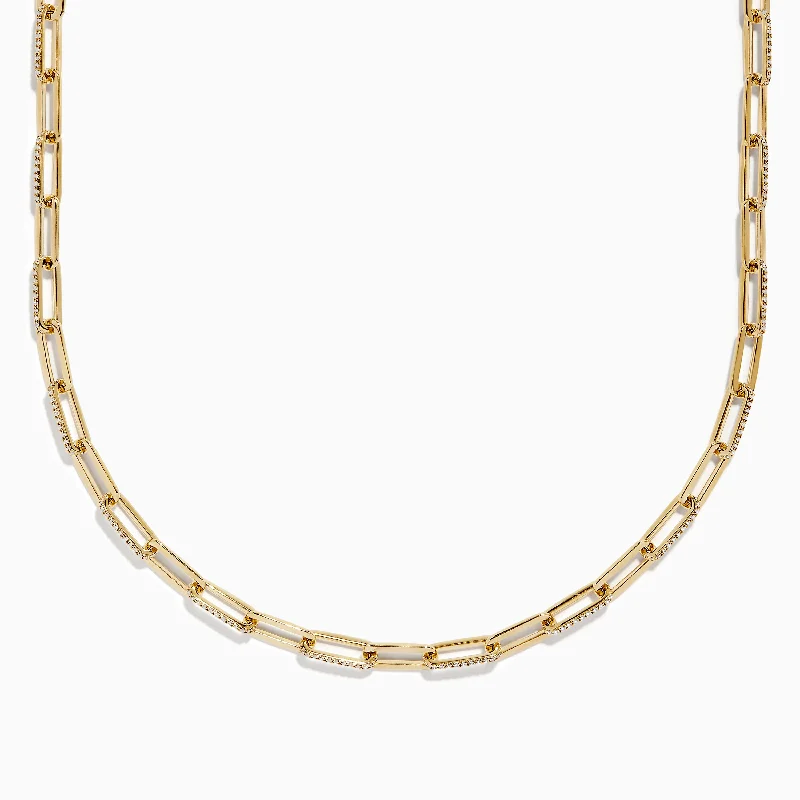 D'oro 14 Karat Yellow Gold Paperclip Chain Link Diamond Necklace