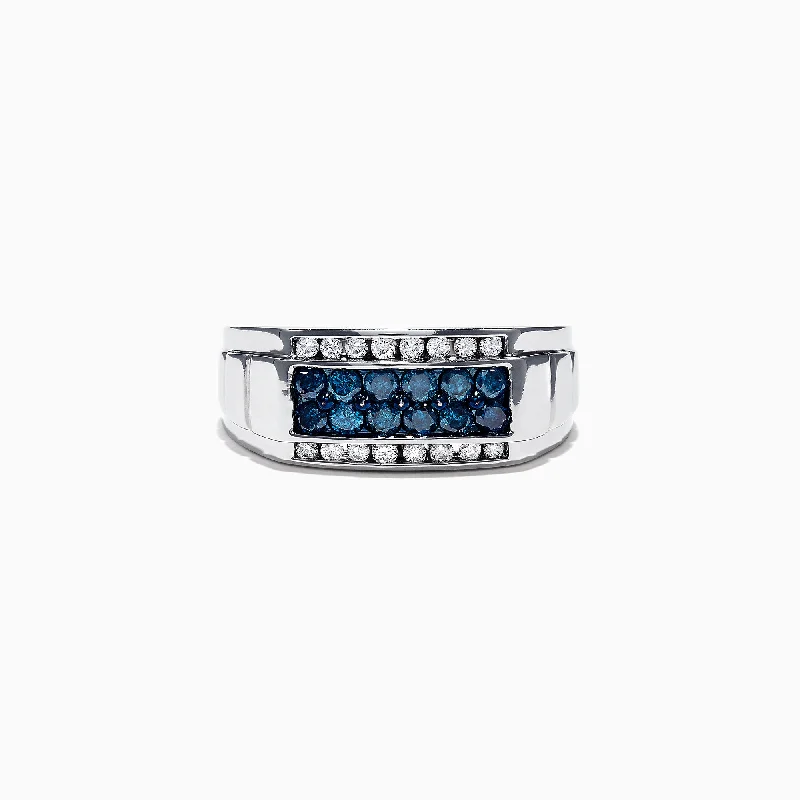 Men's 14K White Gold Blue and White Diamond Ring, 1.0 TCW