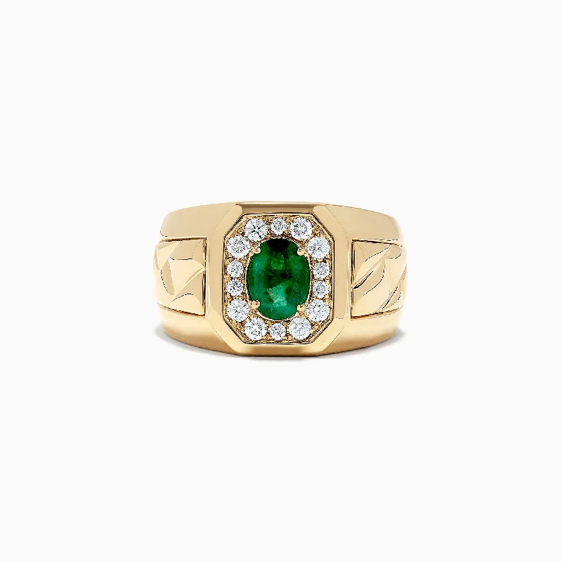 Men's 14K Yellow Gold Emerald and Diamond Ring, 1.55 TCW