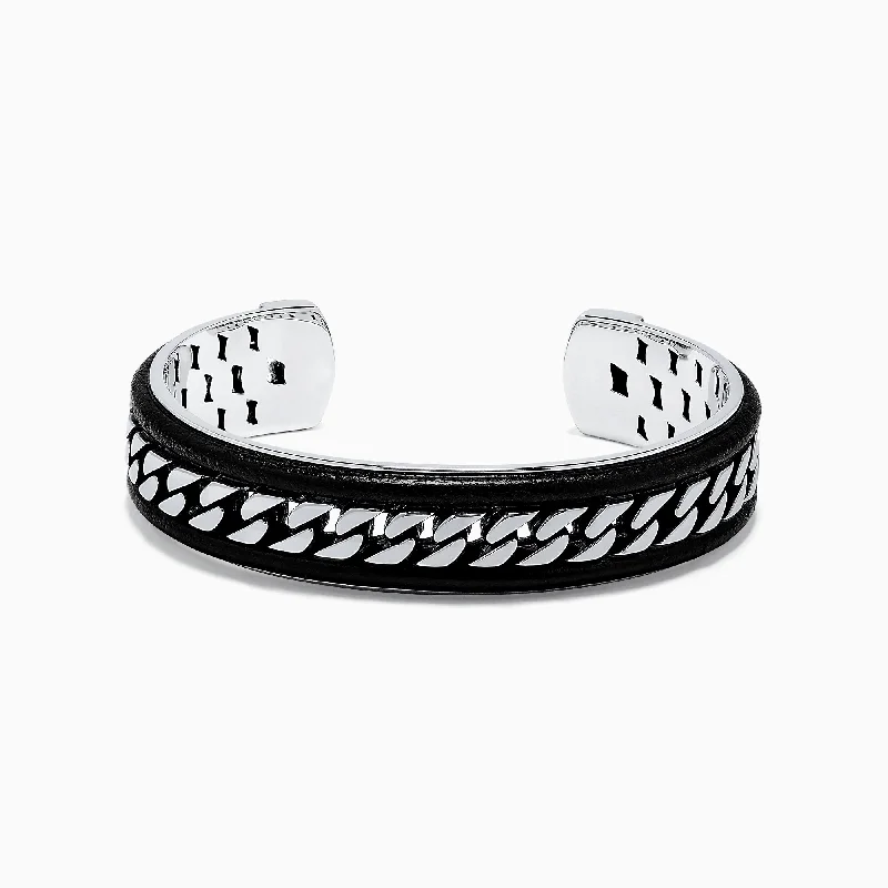 Men's Sterling Silver and Leather Cuff Bangle