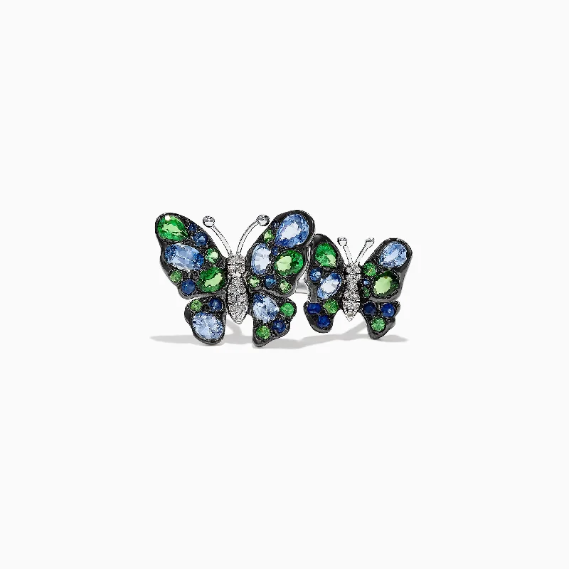 Nature 14K Gold Sapphire, Tsavorite & Diamond Butterfly Ring, 3.46 TCW