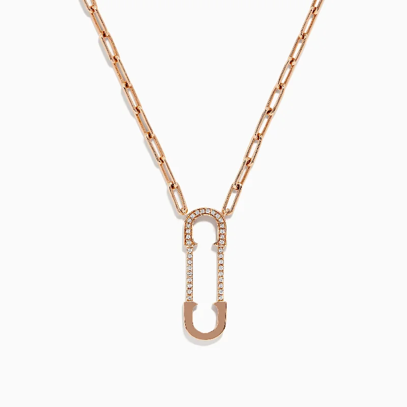 Novelty 14K Rose Gold Diamond Paperclip Necklace, 0.12 TCW