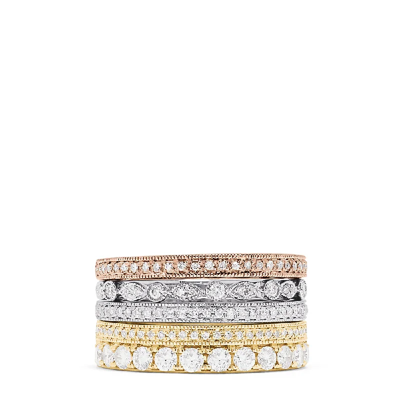 Trio 14K Tri Color Gold Diamond 4 Ring Stack, 1.00 TCW