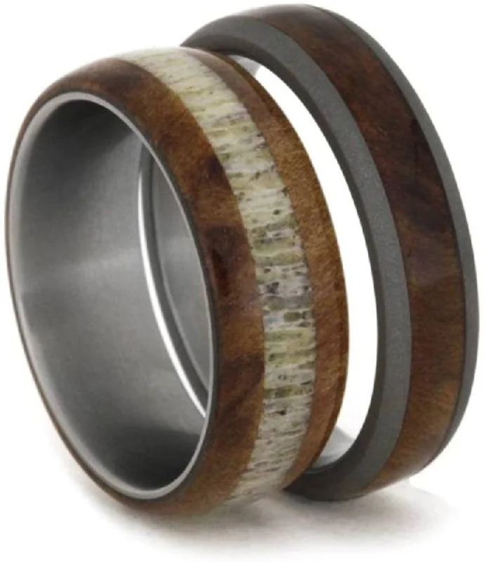 Elk Antler, Redwood Titanium Band and Redwood, Sandblasted Titanium Band, His and Hers Wedding Band Set , M8.5-F4