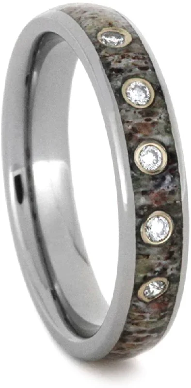 Five-Stone Diamond Deer Antler 4mm Comfort-Fit Titanium Wedding Ring, Size 4.25 Size 13.75