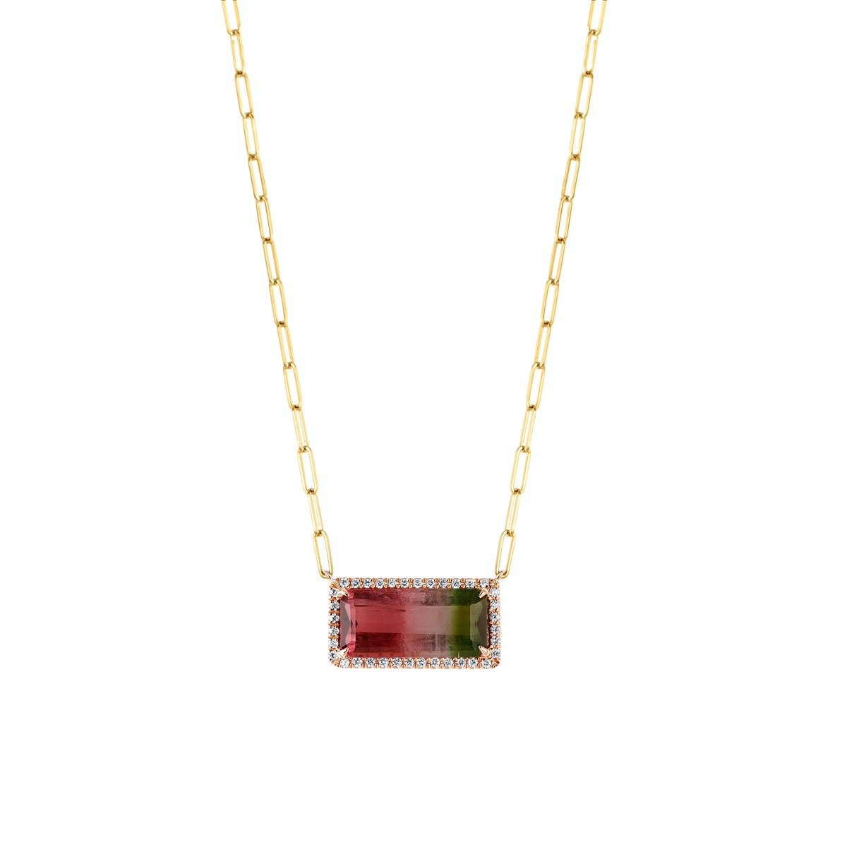 Frederic Sage 14K Rose Gold East to West Watermelon Tourmaline with Diamond Halo on Yellow Gold Paperclip Chain Necklace