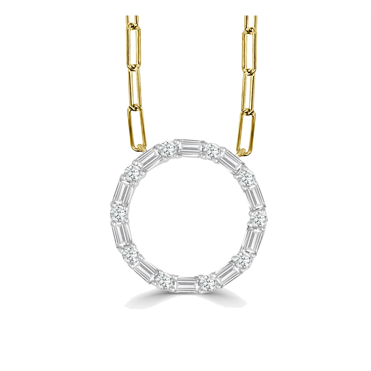 Frederic Sage 14K White Gold Baguette and Round Diamond Monaco Pendant on 14K Yellow Gold Paperclip Chain