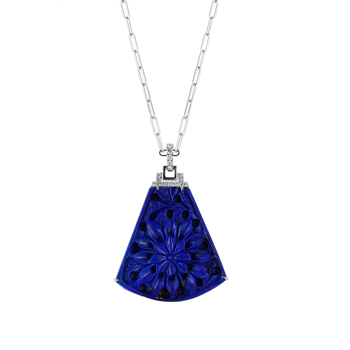 Frederic Sage 14K White Gold Carved Triangular Lapis Pendant with Diamond Bail on Paperclip Chain Necklace