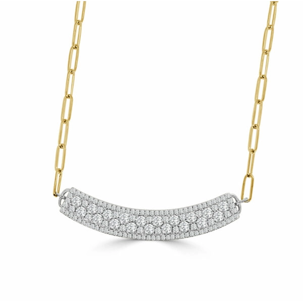 Frederic Sage 14K White Gold Curved Diamond Bar Pendant on 14K Yellow Gold Paperclip Chain