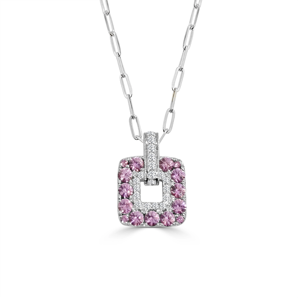 Frederic Sage 14K White Gold Cushion Open Nebula Pendant with White Diamonds and Pink Sapphire on Mini Paperclip Chain