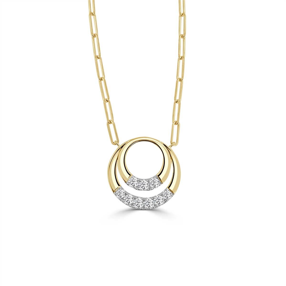 Frederic Sage 14K Yellow and White Gold Double Circle Diamond Pendant on Paperclip Chain