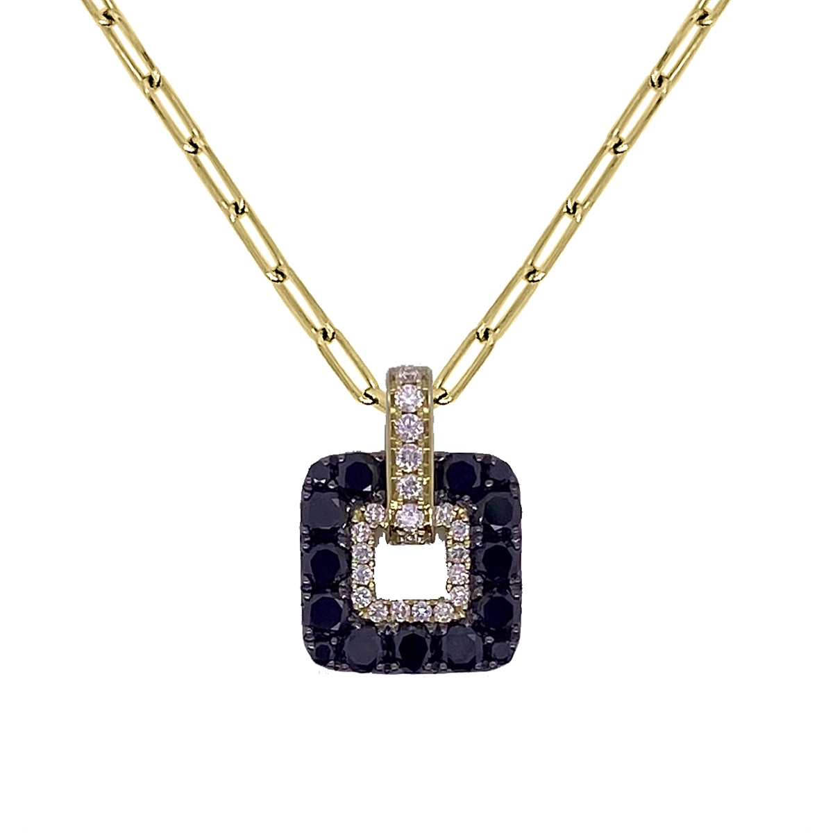 Frederic Sage 14K Yellow Gold Cushion Open Nebula Pendant with White and Black Diamond on Mini Paperclip Chain