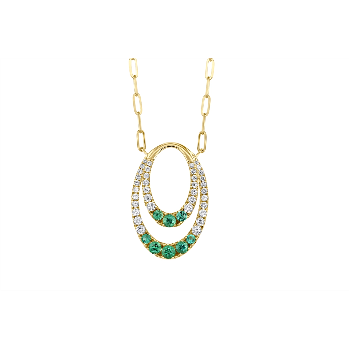 Frederic Sage 14K Yellow Gold Double Oval Emerald and Diamond Pendant on Mini Paperclip Chain