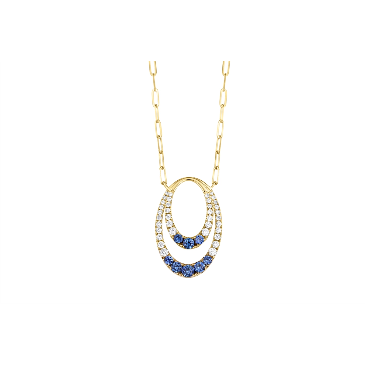 Frederic Sage 14K Yellow Gold Double Oval Sapphire and Diamond Pendant on Mini Paperclip Chain