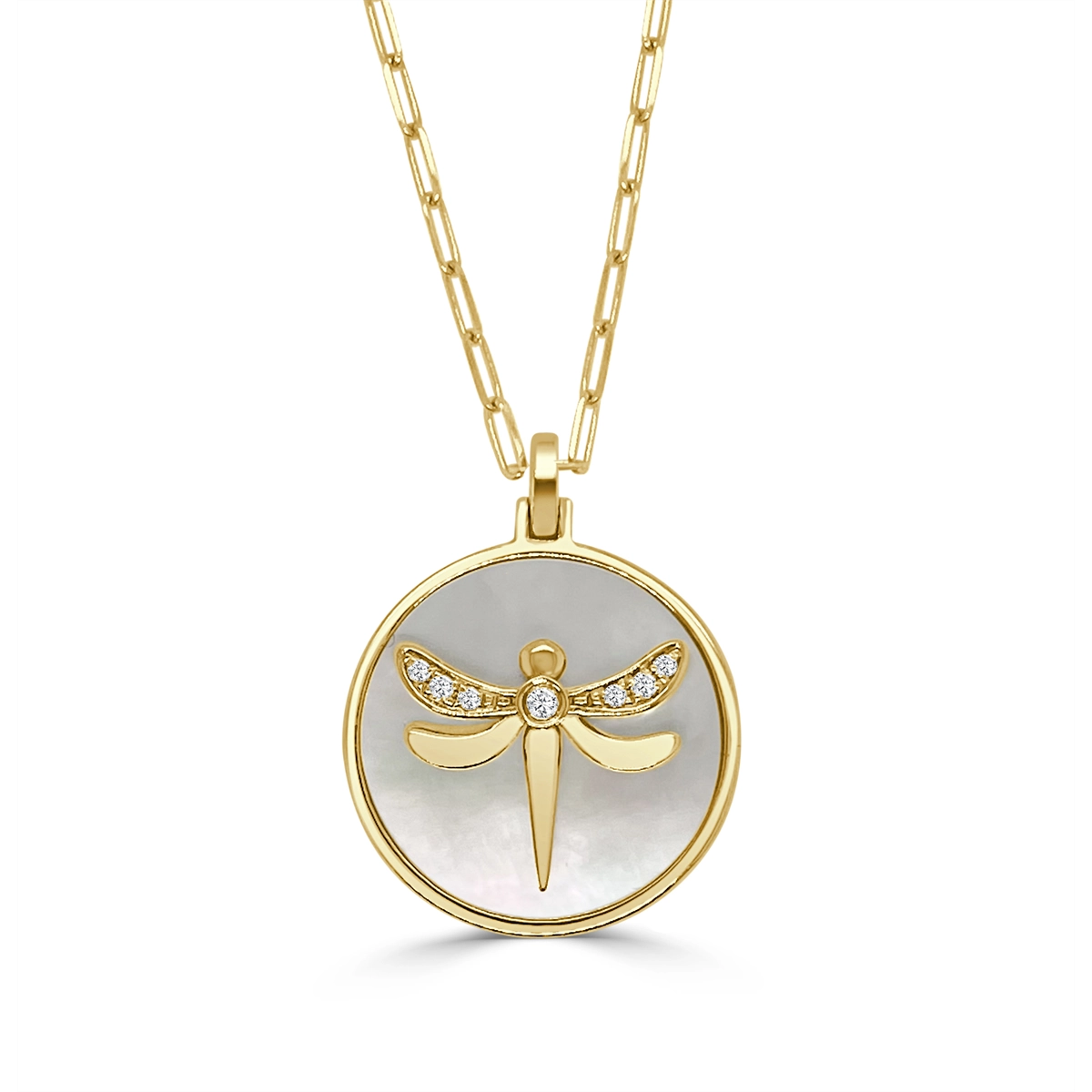 Frederic Sage 14K Yellow Gold Dragonfly Pendant with Mother of Pearl and Diamonds on Paperclip Chain Necklace