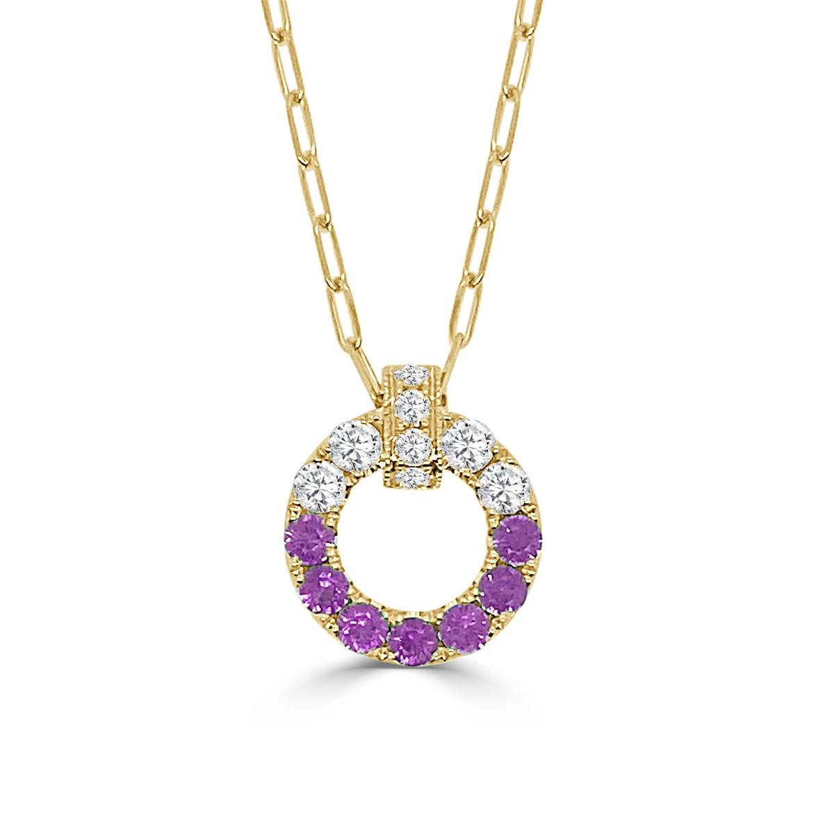 Frederic Sage 14K Yellow Gold Open Nebula Pink Sapphire and Diamond Pendant on Paperclip Chain