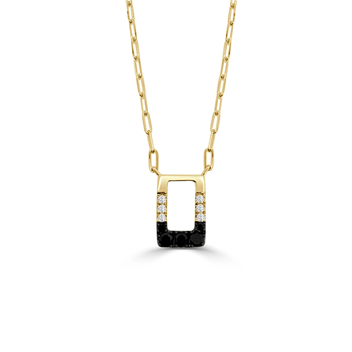 Frederic Sage 14K Yellow Gold Rectangle Black and White Diamond Pendant on Mini Paperclip Chain