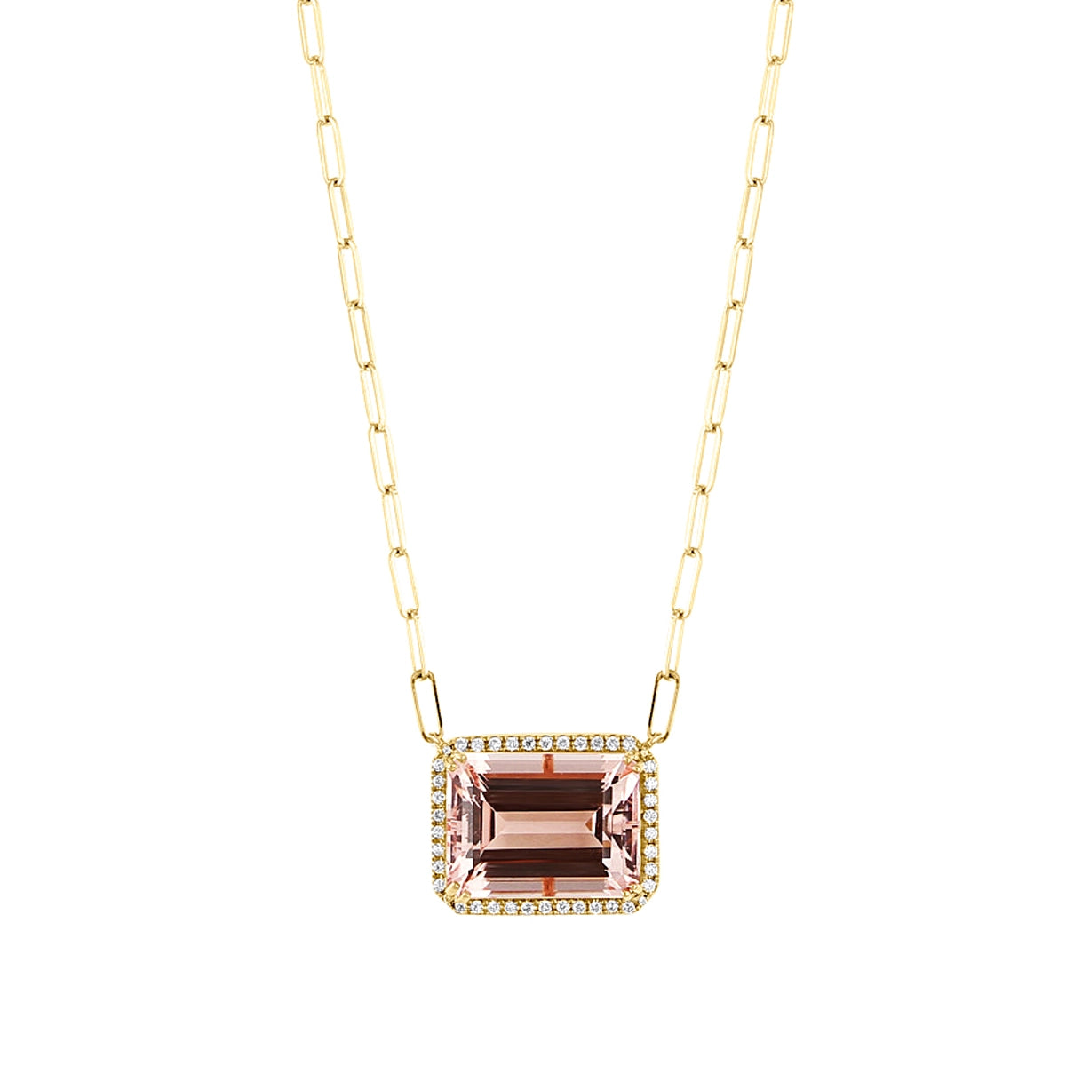 Frederic Sage 18K Rose Gold Morganite Pendant with Diamond Halo on 14K Yellow Gold Paperclip Chain