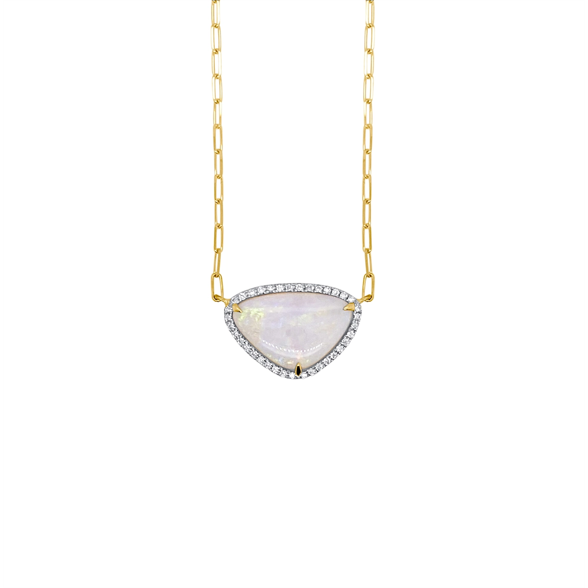 Frederic Sage 18K Yellow Gold Triangular Australian Opal with Diamond Halo on Paperclip Chain Necklace