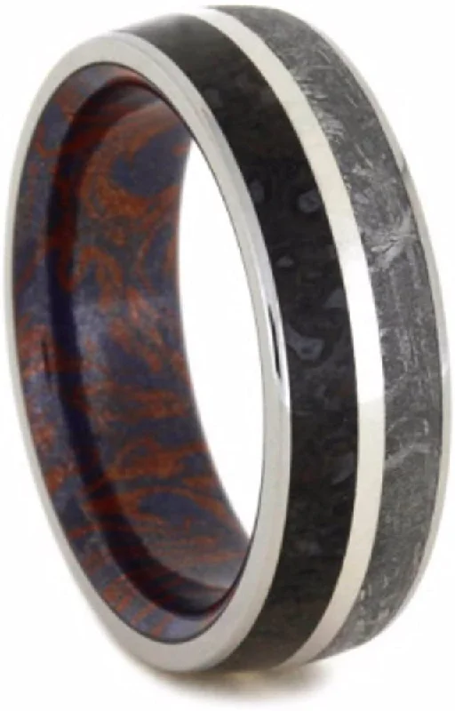 Gibeon Meteorite, Dinosaur Bone, Blue Bronze and Red Copper Mokume 7mm Comfort-Fit Titanium Wedding Band, Size 6.75