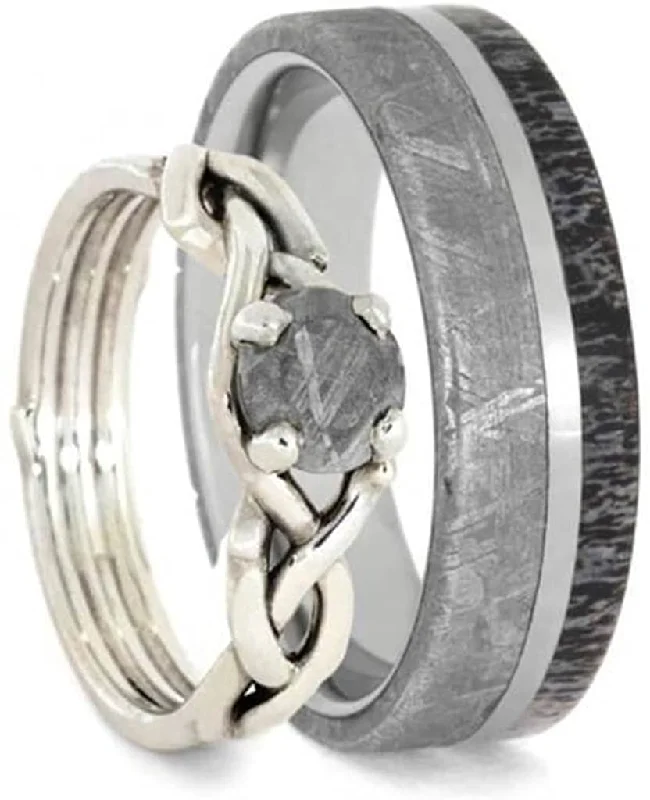 Gibeon Meteorite Sterling Silver Ring, Meteorite and Antler Comfort-Fit Titanium Band, Couples Wedding Rings Sizes M11-F4.5