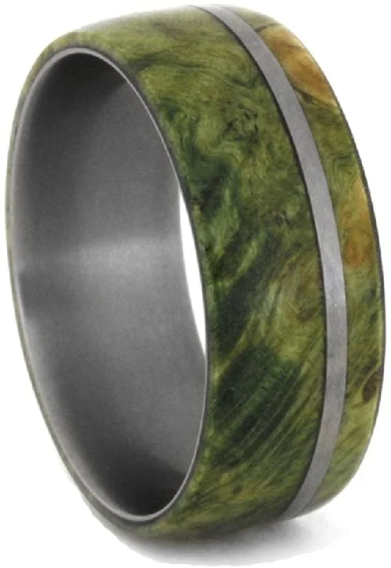 Green Box Elder Burl Wood 8mm Comfort-Fit Matte Titanium Wedding Band, Size 14.25