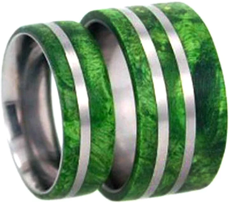 Green Box Elder Burl Wood Comfort-Fit Titanium His and Hers Wedding Band Set, M11.5-F4