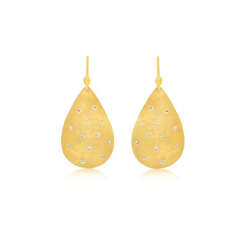 Hammered Gold Pear Shape Diamond-Studded Earrings - Marika