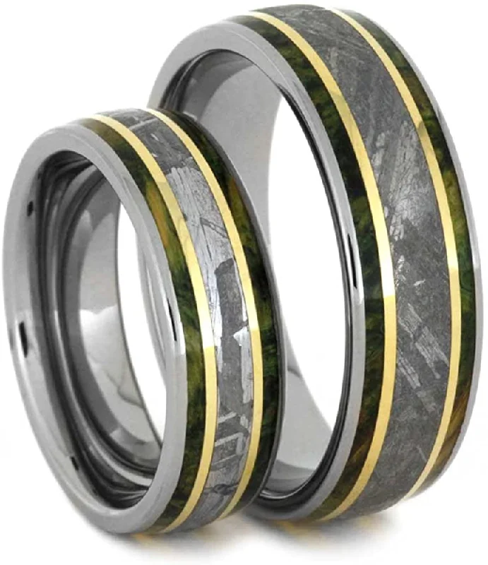 His and Hers Titanium Wedding Band Set, Gibeon Meteorite, Green Box Elder Burl Wood, 14k Yellow Gold Ring, M8.5-F5