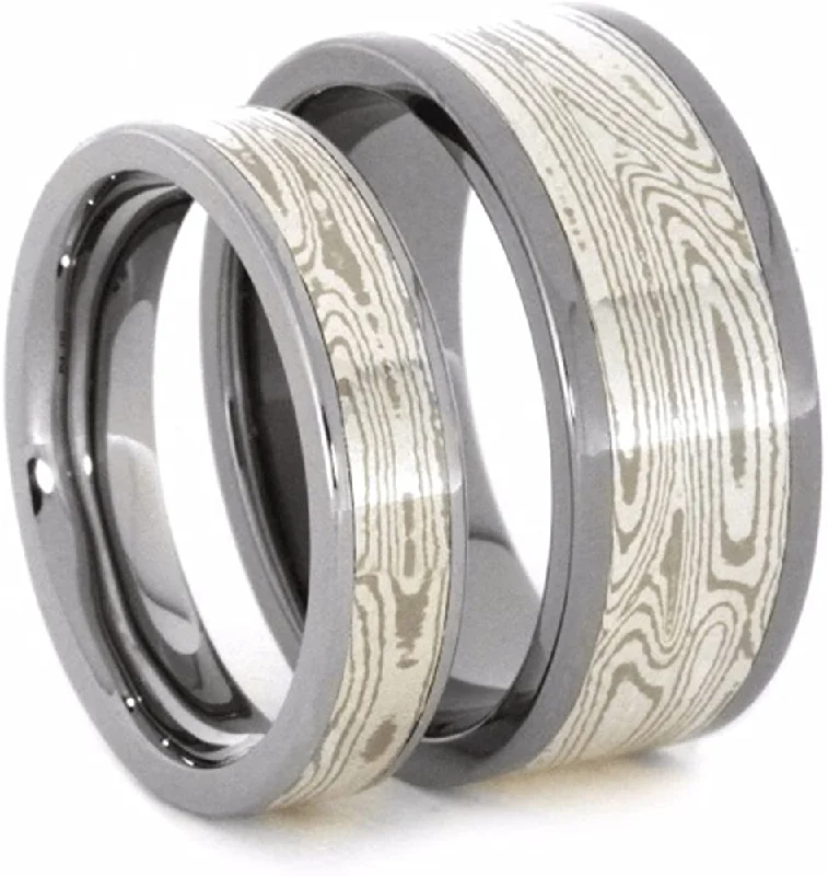 His and Hers Wedding Set, Palladium, White Gold, Mokume Gane Titanium Wedding Bands, M8-F9