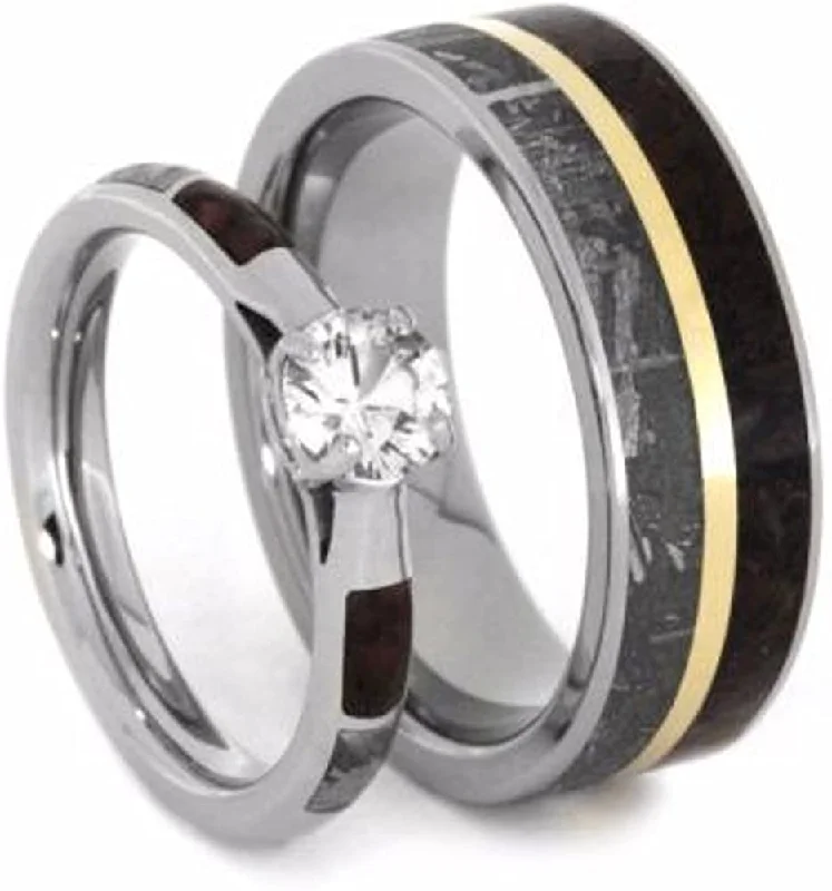 His and Hers Wedding Set, White Sapphire 10k White Gold Ring, Dinosaur Bone and Gibeon Meteorite Titanium Wedding Bands, M10-F7