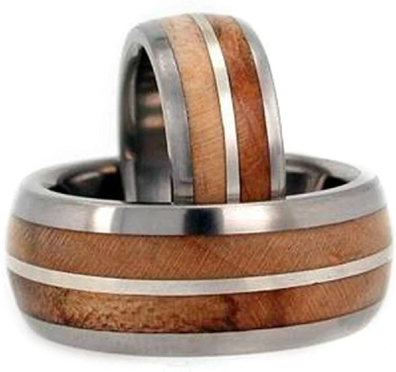 Maple Wood, Sterling Silver Comfort Fit Titanium Couples Wedding Band Set Size, M8-F7