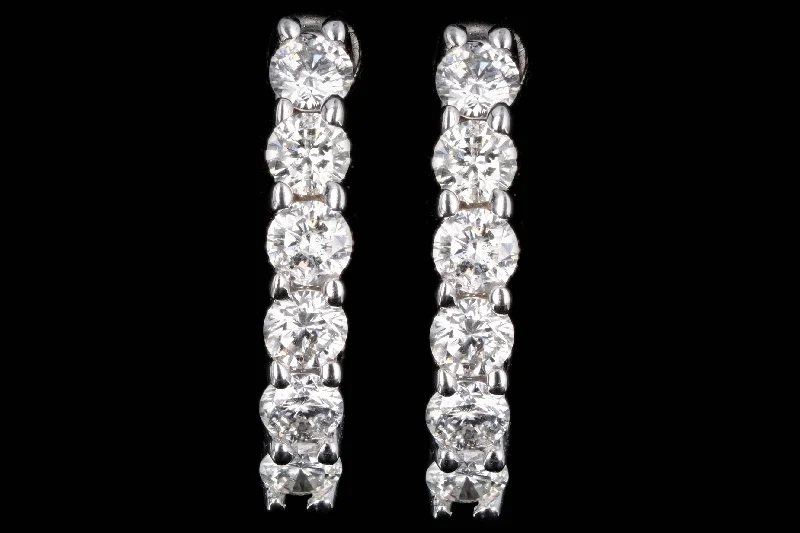 Modern 14K White Gold 1 Carat Total Weight Diamond Hoop Earrings