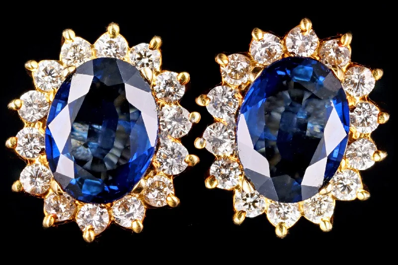 Modern 18K Yellow Gold Oval Sapphire & Diamond Halo Stud Earrings