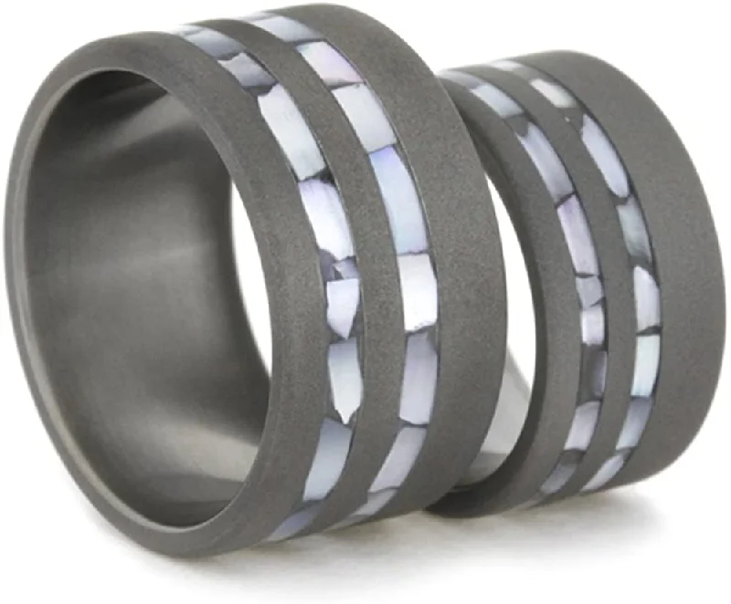 Mother of Pearl Inlay, Sandblasted Comfort-Fit Titanium His and Hers Wedding Band Set, M14.5-F7