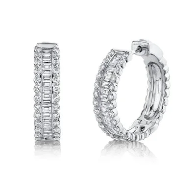 14K White Gold 1.67 Carat Total Weight Diamond Baguette Hoop Earrings