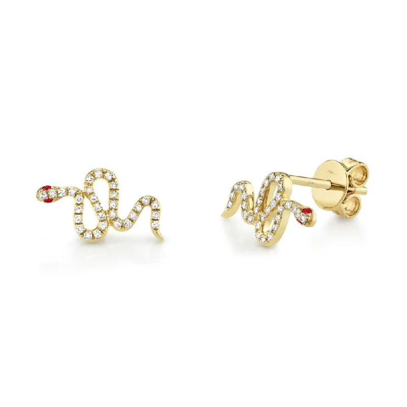 New 14K Yellow Gold Diamond & Ruby Snake Stud Earrings