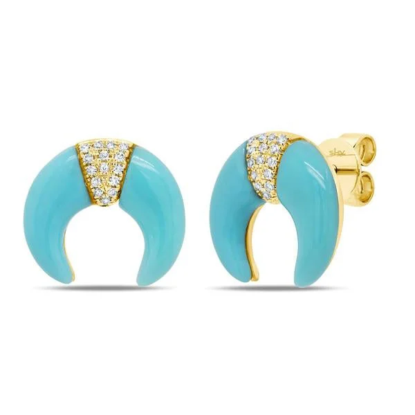 14K Yellow Gold Turquoise & Diamond Crescent Stud Earrings