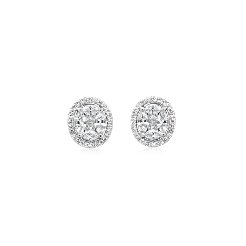 Diamond Halo Studs With 2.00CT Equivalent Each Oval Illusion Center